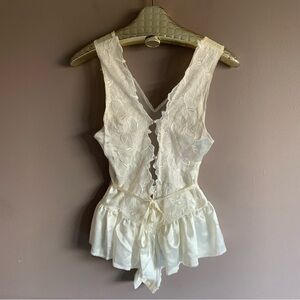 Vintage Ivory Satin Flora Nikrooz Teddy Romper, Size Small